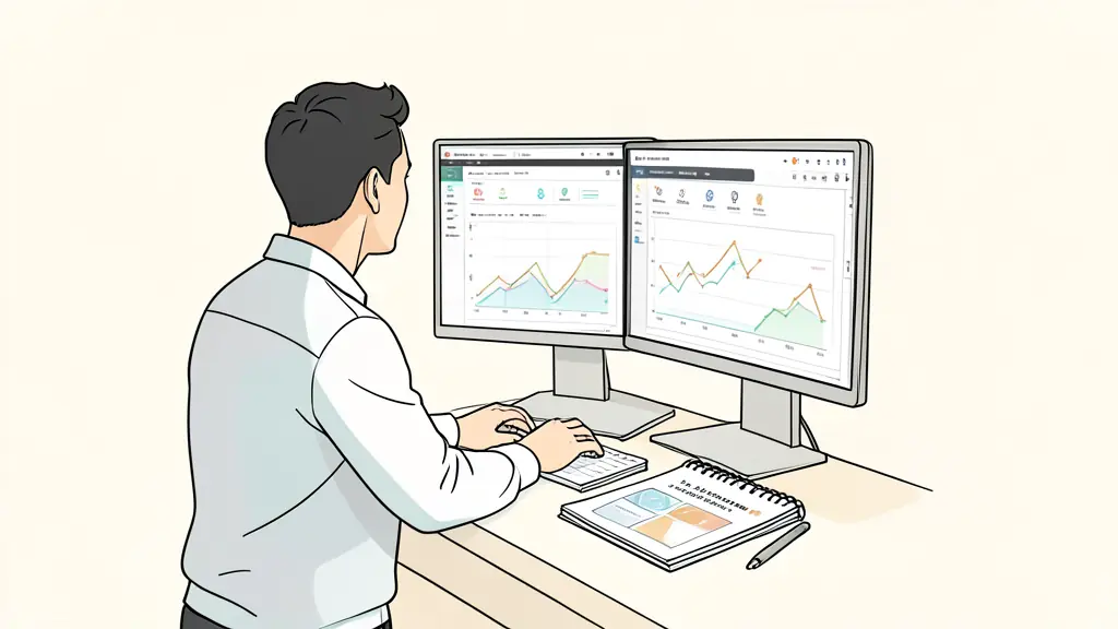trader reviewing an evaluation dashboard on two monitors, risk limits visible as colored charts, notebook with a four-step funding process