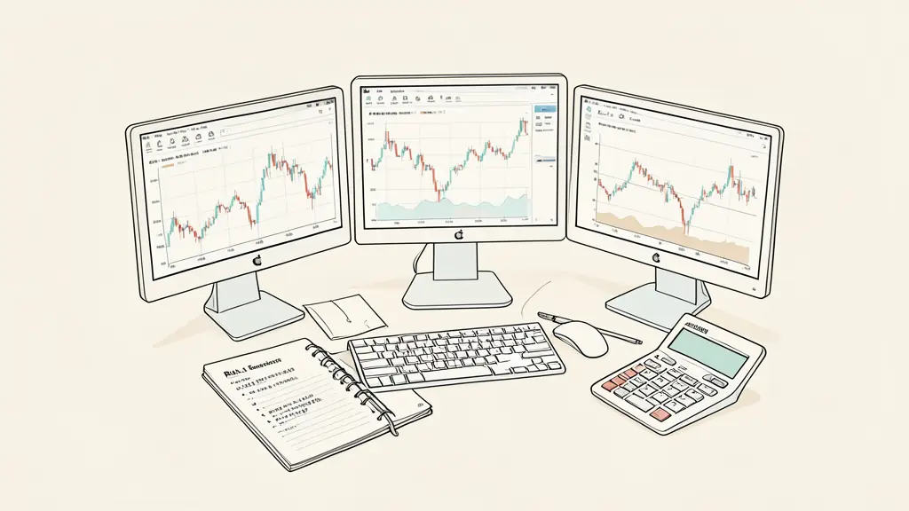 A professional trader's workspace with multiple monitors showing candlesticks charts, a notebook with a list of risk scenarios, and a calculator.