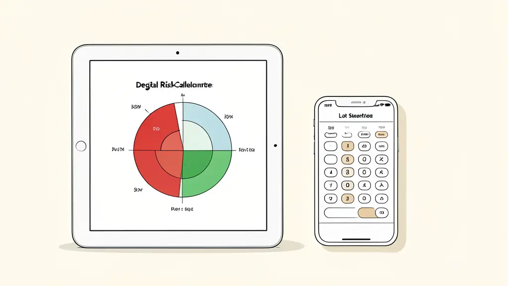 Close-up of a digital risk matrix on a tablet screen showing red and green zones, next to a professional lot size calculator app.