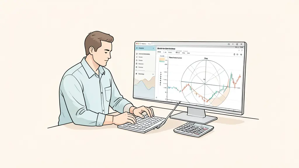 Editorial photograph of a trader calculating position size beside a risk matrix, with a trading platform showing open exposure and a calculator on the desk, no text, no logo