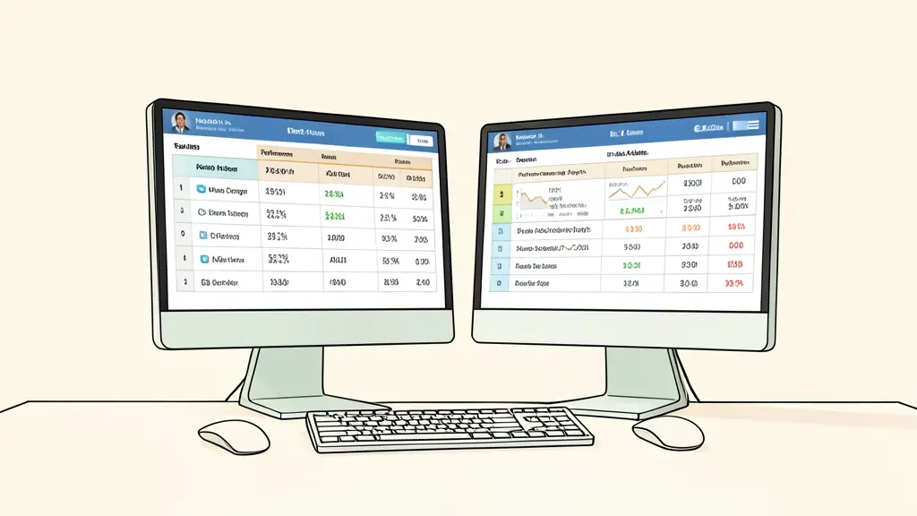 A professional trader's desk with two computer monitors showing a comparison table between performance metrics and risk alerts, cinematic lighting, editorial style
