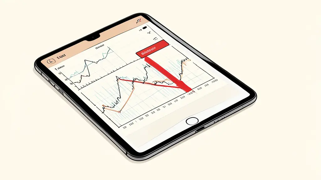 Close-up of a digital trading journal on a tablet showing a red alert threshold being crossed, mathematical charts in the background, editorial style