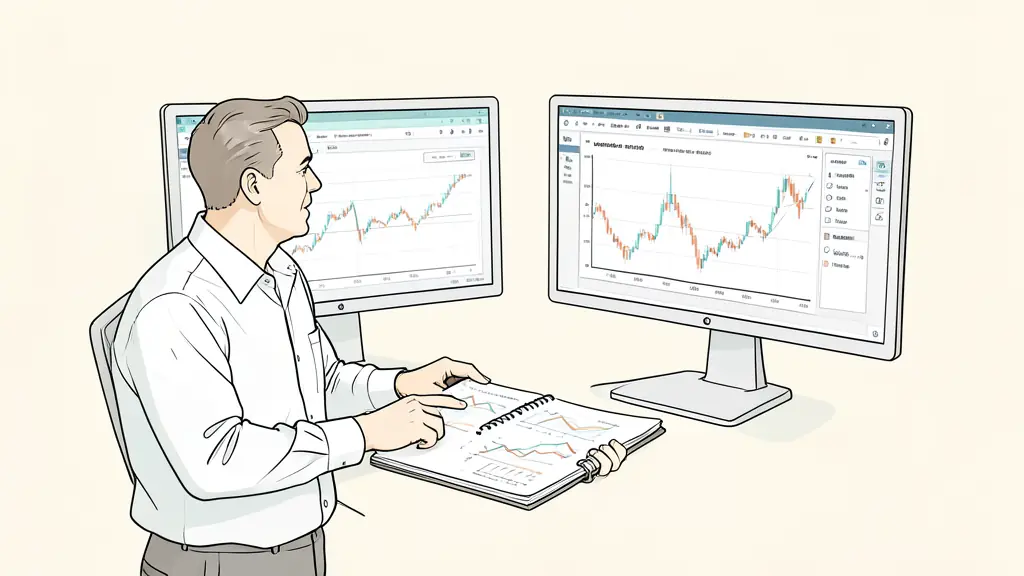 futures trader comparing two evaluation plans on dual monitors, risk figures in a notebook, trading platform visible without logos
