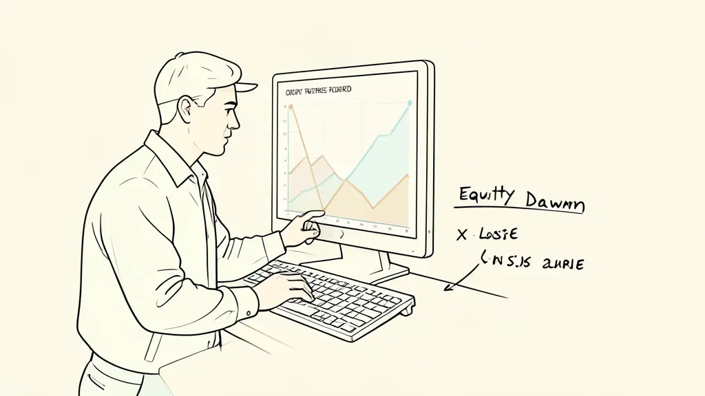trader monitoring an open futures position, equity curve near a loss threshold, handwritten drawdown calculation beside the keyboard