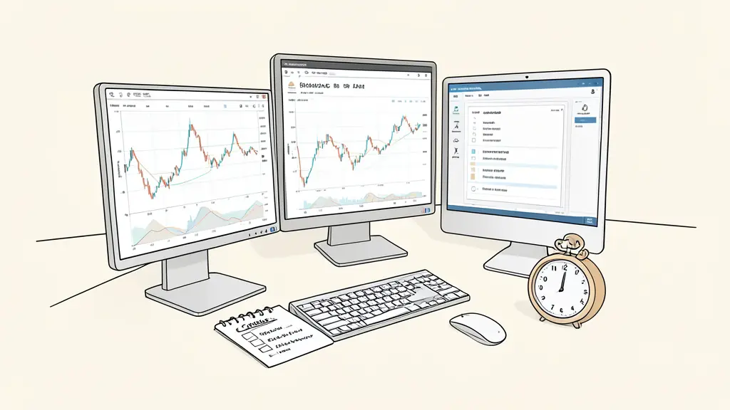 <A professional workspace with multiple monitors showing trading charts, a handwritten crisis checklist on the desk, and a digital timer, editorial style>