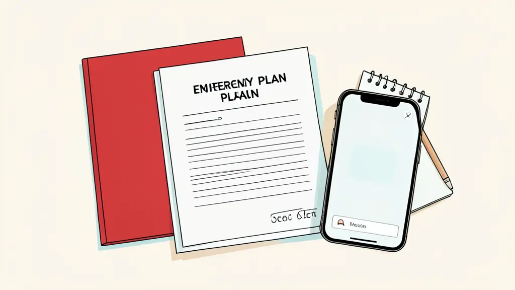 <A close-up of a structured emergency plan document with a red folder, a smartphone showing a notification, and a professional notepad, editorial style>