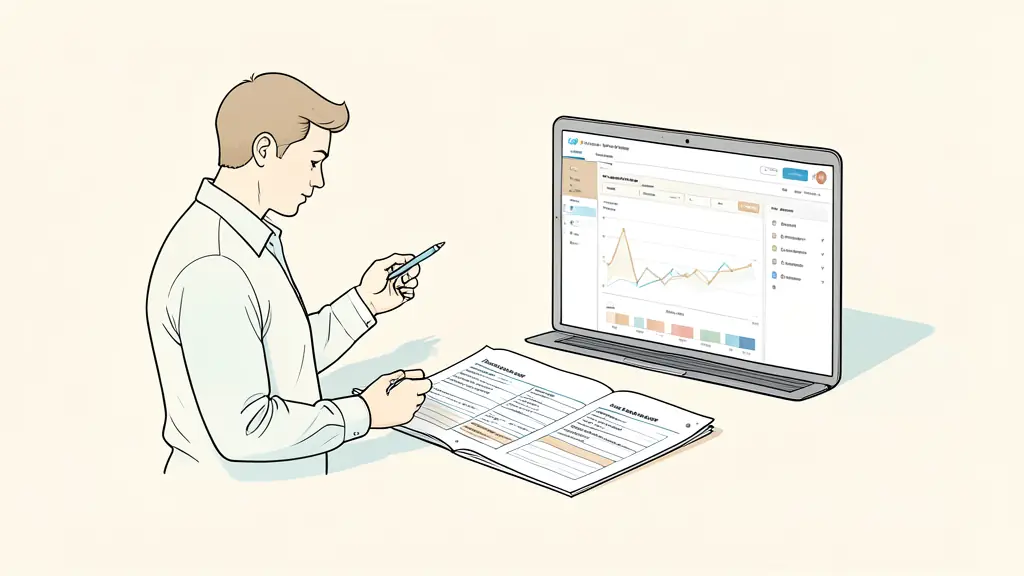 Editorial photograph of a trader reviewing a multi-stage evaluation checklist beside an open contract and a trading platform dashboard, no text, no logo