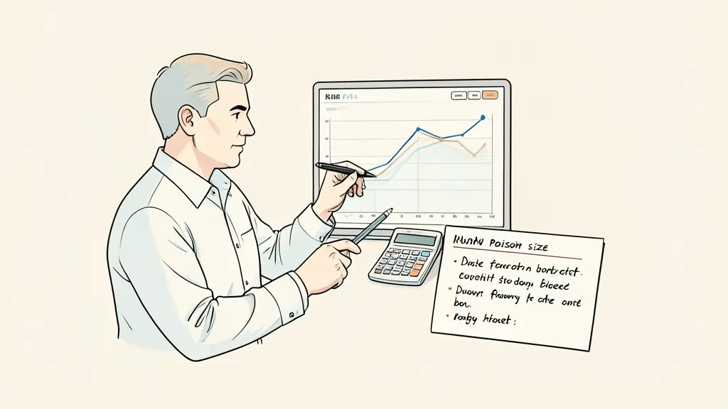 Editorial photograph of a risk manager checking an equity curve, a position size calculator and a handwritten drawdown budget, no text, no logo