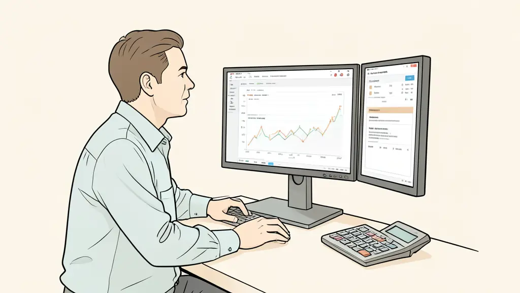 trader reviewing a simulated trading account on two monitors, evaluation rules printed beside a calculator, neutral office lighting