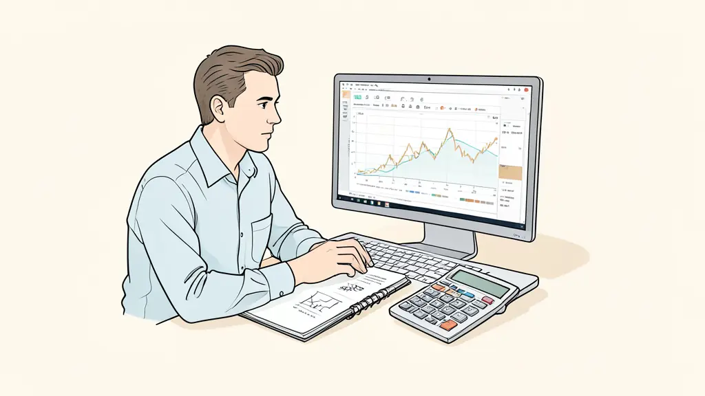risk manager calculating position size beside a trading platform, daily loss figures on a notebook, calculator and stop loss chart visible