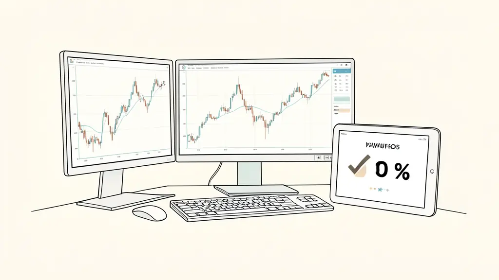 A professional trading workstation with multiple monitors showing candlestick charts, a digital contract with a checkmark, and a payout percentage displayed on a tablet screen