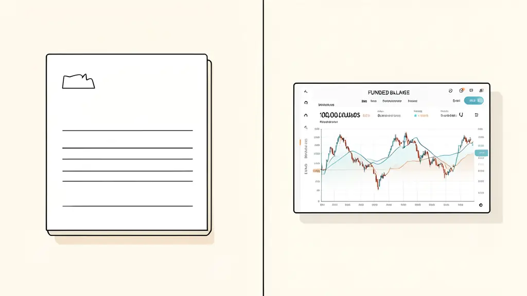 A split screen showing on one side a simple bank account statement with a small balance and on the other side a professional trading dashboard showing a large funded balance of 100,000 dollars