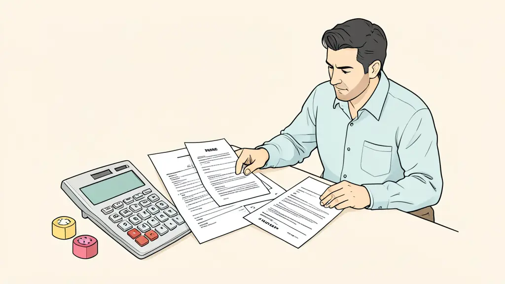 Trader reviewing three printed contracts beside a calculator and colored scoring tokens, editorial photography, no text, no logo