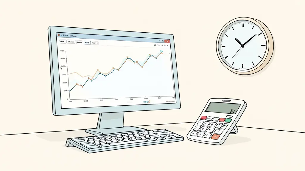 Trading desk with an equity curve on one monitor, a calculator showing risk figures and a wall clock, editorial photography, no text, no logo