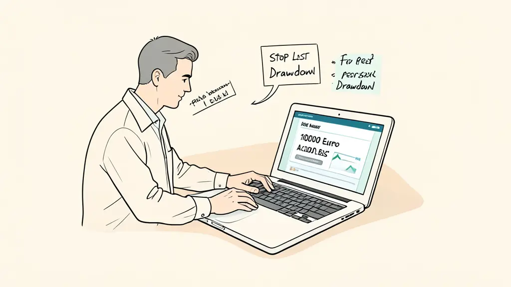 Risk manager calculating position size on a laptop, 100000 euro account balance displayed, handwritten stop loss and five percent drawdown notes