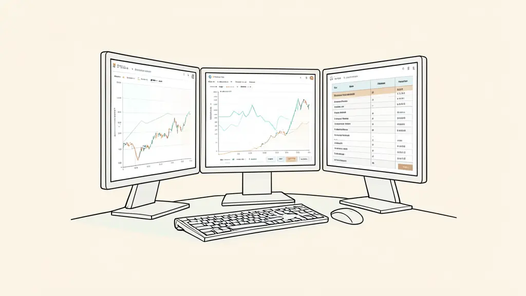 Professional trading workstation with multiple monitors displaying price charts and a checklist of profit targets
