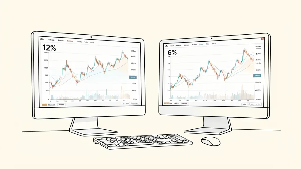 A professional workspace with two computer monitors displaying complex financial charts and percentage data, focus on the contrast between a 12% and a 6% limit indicator, editorial style, no text
