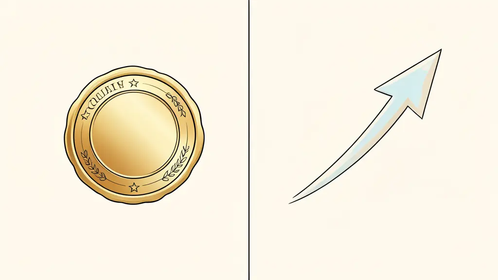 A split screen conceptual image, one side showing a traditional gold seal of quality and the other a modern digital growth arrow pointing upwards, editorial style, no text